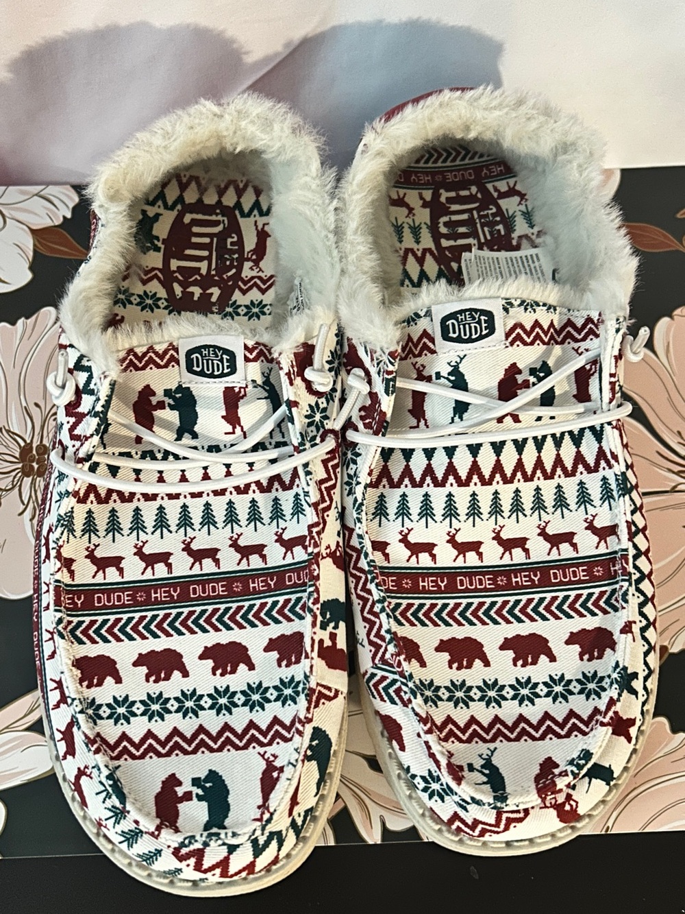 Hey Dude Holiday Pattern Faux-Fur Slip-Ons - Red, Green & White